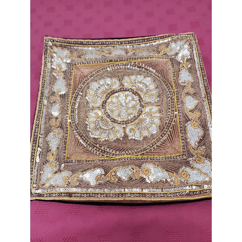 VTG Turkish Hand Beaded Embroidered Sequined Throw Pillow Cover Gold Boho
